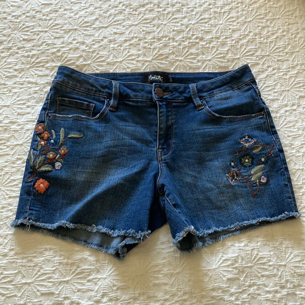 Nanette Lepore Blue Jean Shorts with Embroidered Floral Design